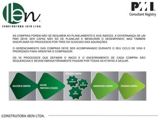 CONSTRUTORA IBEN LTDA. AS COMPRAS POREM NÃO SE RESUMEM AO PLANEJAMENTO E AOS INDICES. A GOVERNANÇA DE UM PMO DEVE SER CAPAZ NÃO SÓ DE PLANEJAR E MENSURAR O DESEMPENHO, MAS TAMBÉM DISCIPLINAR OS PROCESSOS POR TRÁS DO SUCESSO DAS AQUISIÇÕES. O GERENCIAMENTO DAS COMPRAS DEVE SER ACOMPANHADO DURANTE O SEU CICLO DE VIDA E PRIORIZADO PARA ORIENTAR O COMPRADOR.  OS 05 PROCESSOS QUE DEFINEM O INICIO E O ENCERRAMENTO DE CADA COMPRA SÃO SEQUENCIAIS E DEVEM OBRIGATÓRIAMENTE PASSAR POR TODAS AS ETAPAS A SEGUIR. 