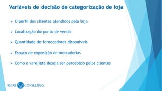  O perfil dos clientes atendidos pela loja
 Localização do ponto de venda
 Quantidade de fornecedores disponíveis
 Espaço de exposição de mercadorias
 Como o varejista deseja ser percebido pelos clientes
Variáveis de decisão de categorização de loja
 