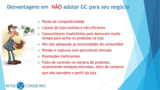  Perda de competitividade
 Layout de loja confuso e não eficiente
 Consumidores insatisfeitos pois demoram muito
tempo para achar os produtos na loja
 Mix não adequado as necessidades do consumidor
 Perdas e rupturas com percentual elevado
 Promoções ineficientes
 Falta de controle na compra de produtos,
ocasionando estoques elevados, além de compras
que não atendem o perfil da loja
Desvantagens em NÃO adotar GC para seu negócio
 