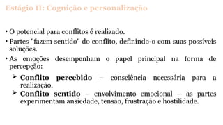 Estágio II: Cognição e personalização
• O potencial para conflitos é realizado.
• Partes "fazem sentido" do conflito, definindo-o com suas possíveis
soluções.
• As emoções desempenham o papel principal na forma de
percepção:
 Conflito percebido – consciência necessária para a
realização.
 Conflito sentido – envolvimento emocional – as partes
experimentam ansiedade, tensão, frustração e hostilidade.
 