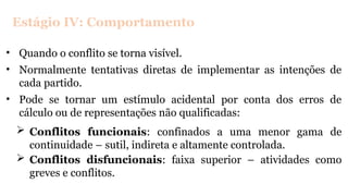 Estágio IV: Comportamento
• Quando o conflito se torna visível.
• Normalmente tentativas diretas de implementar as intenções de
cada partido.
• Pode se tornar um estímulo acidental por conta dos erros de
cálculo ou de representações não qualificadas:
 Conflitos funcionais: confinados a uma menor gama de
continuidade – sutil, indireta e altamente controlada.
 Conflitos disfuncionais: faixa superior – atividades como
greves e conflitos.
 
