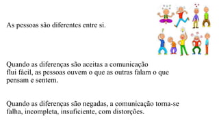 As pessoas são diferentes entre si.
Quando as diferenças são aceitas a comunicação
flui fácil, as pessoas ouvem o que as outras falam o que
pensam e sentem.
Quando as diferenças são negadas, a comunicação torna-se
falha, incompleta, insuficiente, com distorções.
 