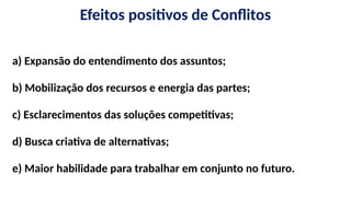 Efeitos positivos de Conflitos
a) Expansão do entendimento dos assuntos;
b) Mobilização dos recursos e energia das partes;
c) Esclarecimentos das soluções competitivas;
d) Busca criativa de alternativas;
e) Maior habilidade para trabalhar em conjunto no futuro.
 