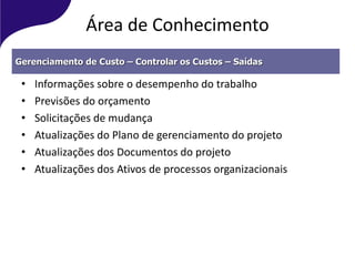 Área de Conhecimento
• Informações sobre o desempenho do trabalho
• Previsões do orçamento
• Solicitações de mudança
• Atualizações do Plano de gerenciamento do projeto
• Atualizações dos Documentos do projeto
• Atualizações dos Ativos de processos organizacionais
Gerenciamento de Custo – Controlar os Custos – Saídas
 