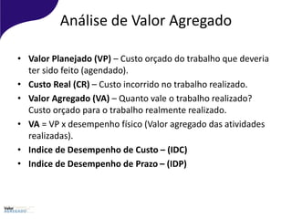 • Valor Planejado (VP) – Custo orçado do trabalho que deveria
ter sido feito (agendado).
• Custo Real (CR) – Custo incorrido no trabalho realizado.
• Valor Agregado (VA) – Quanto vale o trabalho realizado?
Custo orçado para o trabalho realmente realizado.
• VA = VP x desempenho físico (Valor agregado das atividades
realizadas).
• Indice de Desempenho de Custo – (IDC)
• Indice de Desempenho de Prazo – (IDP)
Análise de Valor Agregado
 