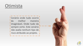 Otimista
Cenário onde tudo ocorre
da melhor maneira
imaginável. Onde tudo da
sempre certo. Este cenário
não avalia nenhum tipo de
risco atribuído ao projeto.
 