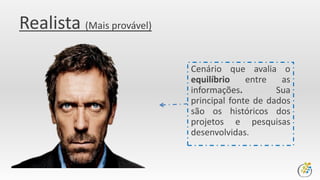 Realista (Mais provável)
Cenário que avalia o
equilíbrio entre as
informações. Sua
principal fonte de dados
são os históricos dos
projetos e pesquisas
desenvolvidas.
 