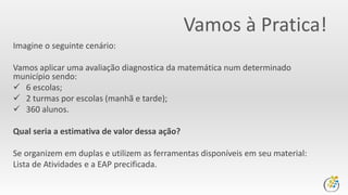 Vamos à Pratica!
Imagine o seguinte cenário:
Vamos aplicar uma avaliação diagnostica da matemática num determinado
município sendo:
 6 escolas;
 2 turmas por escolas (manhã e tarde);
 360 alunos.
Qual seria a estimativa de valor dessa ação?
Se organizem em duplas e utilizem as ferramentas disponíveis em seu material:
Lista de Atividades e a EAP precificada.
 