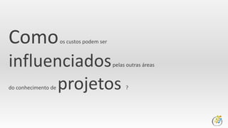 Custo Áreas do
conhecimento
Comunicação
Risco
Stakeholders
Tempo
Qualidade
Integração
Recursos
HumanosEscopo
Aquisições
 
