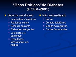 “ Boas Práticas”do Diabetes (HCFA-2001) Sistema web-based Lembretes p/ médicos Registros online Perfil do paciente Sistemas inteligentes Lembretes p/ pacientes Resultados laboratoriais em mapas Não automatizado Cartas Contato telefônico Mapas de registros Outras ferramentas 