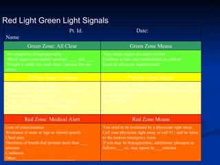 Red Light Green Light Signals Date: Pt. Id. Name You need to be evaluated by a physician right away. Call your physician right away or call 911 and be taken to the nearest emergency room If you may be hypoglycemic, administer glucagon as  follows ___ cc; may repeat in ___ minutes Loss of consciousness Weakness of arms or legs or slurred speech Chest pain Shortness of breath that persists more than ___ minutes Confusion Other:___________________________ Red Zone Means Red Zone: Medical Alert Your symptoms or blood sugar readings indicate that you may need an adjustment of your medications: Call your physician at: Phone number: Symptoms of hypoglycemia Blood sugars frequently above ____ or below ___ Excessive thirst or urination Signs of infection (redness/ swelling/ pus) Anything else unusual that bothers you Other: _____________________ Yellow Zone Means Yellow Zone: Caution Your blood sugars are under control Continue to take your medications as ordered Keep all physician appointments No symptoms of hypoglycemia Blood sugars consistently between ____ and ____ Weight is stable (no more than 2 pounds loss per week) Green Zone Means Green Zone: All Clear 