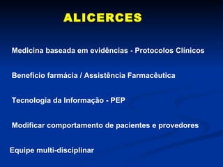 ALICERCES Medicina baseada em evidências - Protocolos Clínicos Benefício farmácia / Assistência Farmacêutica Tecnologia da Informação - PEP Modificar comportamento de pacientes e provedores Equipe multi-disciplinar 