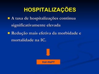 A taxa de hospitalizações continua significativamente elevada Redução mais efetiva da morbidade e mortalidade na IC. Fonte: Journal of Cardiac Failure. Vol. 9, No. 3, 2003 HOSPITALIZAÇÕES   Val-HeFT 