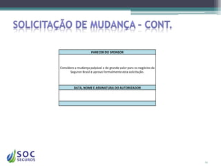 PARECER DO SPONSOR



Considero a mudança palpável e de grande valor para os negócios da
       Seguron Brasil e aprovo formalmente esta solicitação.



         DATA, NOME E ASSINATURA DO AUTORIZADOR




                                                                     22
 