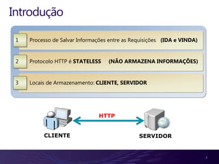 Introdução

 1   Processo de Salvar Informações entre as Requisições (IDA e VINDA)


 2   Protocolo HTTP é STATELESS    (NÃO ARMAZENA INFORMAÇÕES)


 3   Locais de Armazenamento: CLIENTE, SERVIDOR




                               HTTP


          CLIENTE                              SERVIDOR


                                                                         2
 
