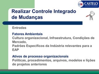 Realizar Controle Integrado
de Mudanças
Entradas
Fatores Ambientais
Cultura organizacional, Infraestrutura, Condições de
Mercado,
Padrões Específicos da Indústria relevantes para a
EAP
Ativos de processo organizacionais
Políticas, procedimentos, arquivos, modelos e lições
de projetos anteriores
 