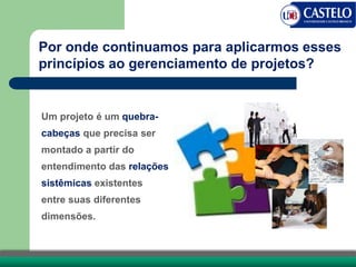 Um projeto é um quebra-
cabeças que precisa ser
montado a partir do
entendimento das relações
sistêmicas existentes
entre suas diferentes
dimensões.
Por onde continuamos para aplicarmos esses
princípios ao gerenciamento de projetos?
 
