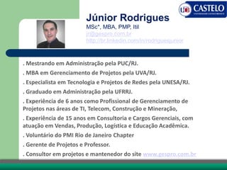 Júnior Rodrigues
MSc*, MBA, PMP, Itil
jr@gespro.com.br
http://br.linkedin.com/in/rodriguesjunior
. Mestrando em Administração pela PUC/RJ.
. MBA em Gerenciamento de Projetos pela UVA/RJ.
. Especialista em Tecnologia e Projetos de Redes pela UNESA/RJ.
. Graduado em Administração pela UFRRJ.
. Experiência de 6 anos como Profissional de Gerenciamento de
Projetos nas áreas de TI, Telecom, Construção e Mineração,
. Experiência de 15 anos em Consultoria e Cargos Gerenciais, com
atuação em Vendas, Produção, Logística e Educação Acadêmica.
. Voluntário do PMI Rio de Janeiro Chapter
. Gerente de Projetos e Professor.
. Consultor em projetos e mantenedor do site www.gespro.com.br
 