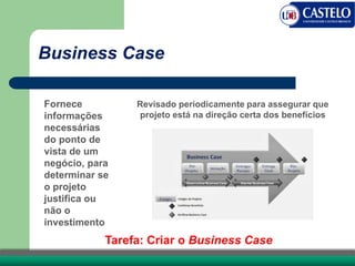 Business Case
Fornece
informações
necessárias
do ponto de
vista de um
negócio, para
determinar se
o projeto
justifica ou
não o
investimento
Tarefa: Criar o Business Case
Revisado periodicamente para assegurar que
projeto está na direção certa dos benefícios
 