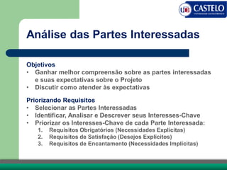 Análise das Partes Interessadas
Objetivos
• Ganhar melhor compreensão sobre as partes interessadas
e suas expectativas sobre o Projeto
• Discutir como atender às expectativas
Priorizando Requisitos
• Selecionar as Partes Interessadas
• Identificar, Analisar e Descrever seus Interesses-Chave
• Priorizar os Interesses-Chave de cada Parte Interessada:
1. Requisitos Obrigatórios (Necessidades Explícitas)
2. Requisitos de Satisfação (Desejos Explícitos)
3. Requisitos de Encantamento (Necessidades Implícitas)
 