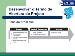 Itens do processo
Desenvolver o Termo de
Abertura do Projeto
 