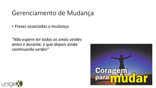 Gerenciamento de Mudança
• Frases associadas a mudança:
"Não espere ter todos os sinais verdes
antes e durante, e que depois ainda
continuarão verdes"
 
