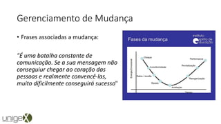 Gerenciamento de Mudança
• Frases associadas a mudança:
"É uma batalha constante de
comunicação. Se a sua mensagem não
conseguiur chegar ao coração das
pessoas e realmente convencê-las,
muito dificilmente conseguirá sucesso"
 