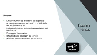 Riscos em
Paradas
Pessoas:
• Limitado número de detentores da “expertise”
requerida, em paradas, processo, conhecimento
dos equipamentos, etc.
• Limitado número de executantes capacitados e/ou
certificados.
• Excesso de horas extras.
• Dificuldades na passagem de serviço.
• Perda de tempo entre turnos de execução.
 