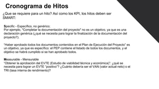 Cronograma de Hitos
¿Que se requiere para un hito? Así como los KPI, los hitos deben ser
SMART:
Specific - Específico, no genérico;
Por ejemplo, "Completar la documentación del proyecto" no es un objetivo, ya que es una
declaración genérica (¿qué se necesita para lograr la finalización de la documentación del
proyecto?).
“Haber aprobado todos los documentos contenidos en el Plan de Ejecución del Proyecto” es
un objetivo, ya que es específico: el PEP contiene el listado de todos los documentos, y el
objetivo se habrá cumplido si se han aprobado todos.
Measurable - Mensurable
“Obtener la aprobación del EVTE (Estudio de viabilidad técnica y económica)”: ¿qué se
necesita para lograr un EVTE “positivo”? ¿Cuánto debería ser el VAN (valor actual neto) o el
TRI (tasa interna de rendimiento)?
 