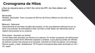Cronograma de Hitos
¿Que se requiere para un hito? Así como los KPI, los hitos deben ser
SMART:
Achievable
Realista, alcanzable. Traer una pieza de 500 ton de China a México en dos días no es
alcanzable.
Relevant - Relevante
Especialmente en las fases iniciales del proyecto, en las que debemos esforzarnos por no
tener una profusión de actividades e hitos, los hitos a crear deben ser relevantes para el
objetivo del proyecto en su conjunto.
Time based - Asociado con fechas
Un hito debe estar asociado con fechas (no a plazos). En la fase conceptual, las definiciones
de proyectos pueden tener diferentes aspectos a analizar, cuyos plazos pueden ser difíciles
de estimar (cuanto más precisa es la actividad, más fácil es medir los plazos). Sin embargo,
Marcos puede, y debe, establecerse: "El Proyecto Conceptual debe estar terminado en mm /
dd / aaaa"
 