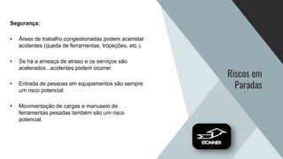 Riscos em
Paradas
Segurança:
• Áreas de trabalho congestionadas podem acarretar
acidentes (queda de ferramentas, tropeções, etc.).
• Se há a ameaça de atraso e os serviços são
acelerados...acidentes podem ocorrer.
• Entrada de pessoas em equipamentos são sempre
um risco potencial.
• Movimentação de cargas e manuseio de
ferramentas pesadas também são um risco
potencial.
 