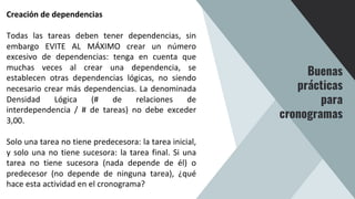 Creación de dependencias
Todas las tareas deben tener dependencias, sin
embargo EVITE AL MÁXIMO crear un número
excesivo de dependencias: tenga en cuenta que
muchas veces al crear una dependencia, se
establecen otras dependencias lógicas, no siendo
necesario crear más dependencias. La denominada
Densidad Lógica (# de relaciones de
interdependencia / # de tareas) no debe exceder
3,00.
Solo una tarea no tiene predecesora: la tarea inicial,
y solo una no tiene sucesora: la tarea final. Si una
tarea no tiene sucesora (nada depende de él) o
predecesor (no depende de ninguna tarea), ¿qué
hace esta actividad en el cronograma?
Buenas
prácticas
para
cronogramas
 