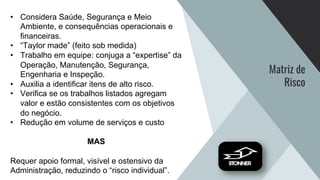 Matriz de
Risco
• Considera Saúde, Segurança e Meio
Ambiente, e consequências operacionais e
financeiras.
• “Taylor made” (feito sob medida)
• Trabalho em equipe: conjuga a “expertise” da
Operação, Manutenção, Segurança,
Engenharia e Inspeção.
• Auxilia a identificar itens de alto risco.
• Verifica se os trabalhos listados agregam
valor e estão consistentes com os objetivos
do negócio.
• Redução em volume de serviços e custo
MAS
Requer apoio formal, visível e ostensivo da
Administração, reduzindo o “risco individual”.
 