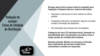 Redução de
escopo:
Forno de Unidade
de Destilação
Escopo atual inclui acesso interno completo para
inspeção e limpeza interna e externa dos tubos.
• Suportes e estruturas em bom estado na última
parada.
• Inspeções anteriores constataram alguma corrosão,
erosão e formação de depósitos.
• Há indicações do processo de incrustações.
Categoria de risco C2 (séria/provável), baseado na
possibilidade das incrustações nos tubos virem a
exigir parada da unidade para limpeza.
Decisão tomada: Manter os serviços na Parada.
Itens individuais de serviços neste forno
submetidos à análise em separado.
 