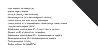 •Abrir as bocas de visita (BV’s).
•Efetuar limpeza interna.
•Inspeção (Encargo da Contratante).
•Desmontagem de 50 % das bandejas (10 bandejas).
•Substituição de dois anéis suporte de bandejas.
•Substituição de 50 % do revestimento interno (lining), correspondente
à região desbandejada (60 m2).
•Fabricação e substituição de 10 m2 de módulos de bandejas.
•Reparos em 20 m2 de módulos de bandejas.
•Fabricação e substituição de 10 m de vigas suporte de módulos.
•Desempenamento de 10 m de vigas suporte de módulos.
•Teste pneumático do lining.
•Fechar as bocas de visita (BV’s).
 