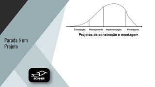 Parada é um
Projeto
Concepção Planejamento Implementação Finalização
Projetos de construção e montagem
 