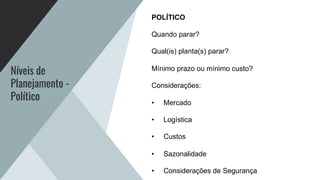 Níveis de
Planejamento -
Político
POLÍTICO
Quando parar?
Qual(is) planta(s) parar?
Mínimo prazo ou mínimo custo?
Considerações:
• Mercado
• Logística
• Custos
• Sazonalidade
• Considerações de Segurança
 