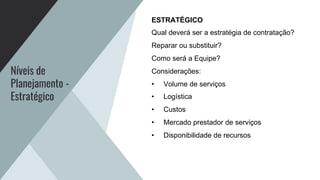 Níveis de
Planejamento -
Estratégico
ESTRATÉGICO
Qual deverá ser a estratégia de contratação?
Reparar ou substituir?
Como será a Equipe?
Considerações:
• Volume de serviços
• Logística
• Custos
• Mercado prestador de serviços
• Disponibilidade de recursos
 