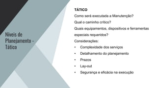 Níveis de
Planejamento -
Tático
TÁTICO
Como será executada a Manutenção?
Qual o caminho crítico?
Quais equipamentos, dispositivos e ferramentas
especiais requeridos?
Considerações:
• Complexidade dos serviços
• Detalhamento do planejamento
• Prazos
• Lay-out
• Segurança e eficácia na execução
 