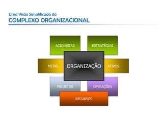 Uma Visão Simplificada do
COMPLEXO ORGANIZACIONAL



                        ACIONISTAS            ESTRATÉGIAS




                    METAS       ORGANIZAÇÃO             ATIVOS




                            PROJETOS              OPERAÇÕES


                                       RECURSOS
 