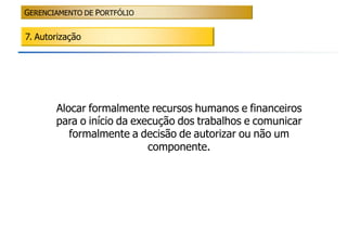 GERENCIAMENTO DE PORTFÓLIO


7. Autorização




       Alocar formalmente recursos humanos e financeiros
       para o início da execução dos trabalhos e comunicar
          formalmente a decisão de autorizar ou não um
                           componente.
 