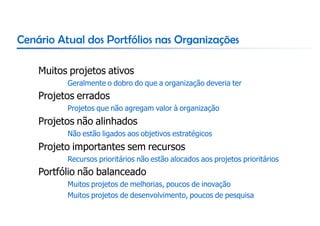 Cenário Atual dos Portfólios nas Organizações

    Muitos projetos ativos
          Geralmente o dobro do que a organização deveria ter
    Projetos errados
          Projetos que não agregam valor à organização
    Projetos não alinhados
          Não estão ligados aos objetivos estratégicos
    Projeto importantes sem recursos
          Recursos prioritários não estão alocados aos projetos prioritários
    Portfólio não balanceado
          Muitos projetos de melhorias, poucos de inovação
          Muitos projetos de desenvolvimento, poucos de pesquisa
 
