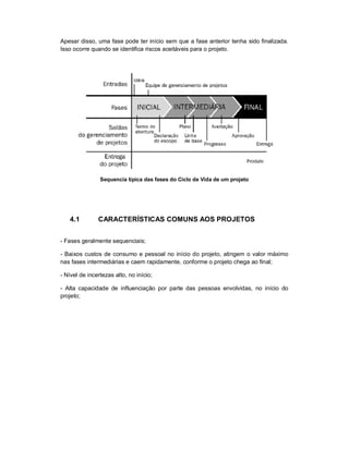 Apesar disso, uma fase pode ter início sem que a fase anterior tenha sido finalizada.
Isso ocorre quando se identifica riscos aceitáveis para o projeto.
Sequencia típica das fases do Ciclo de Vida de um projeto
4.1 CARACTERÍSTICAS COMUNS AOS PROJETOS
- Fases geralmente sequenciais;
- Baixos custos de consumo e pessoal no início do projeto, atingem o valor máximo
nas fases intermediárias e caem rapidamente, conforme o projeto chega ao final;
- Nível de incertezas alto, no início;
- Alta capacidade de influenciação por parte das pessoas envolvidas, no início do
projeto;
 