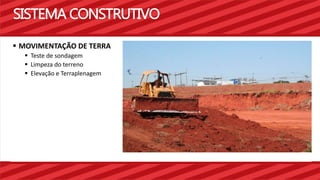 SISTEMA CONSTRUTIVO 
 MOVIMENTAÇÃO DE TERRA 
 Teste de sondagem 
 Limpeza do terreno 
 Elevação e Terraplenagem 
 