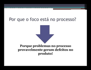 Por que o foco está no processo?




     Porque problemas no processo
    provavelmente geram defeitos no
               produto!
 