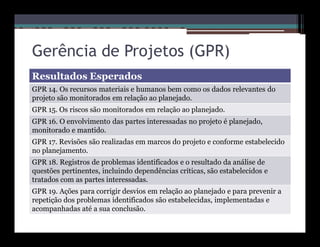 Gerência de Projetos (GPR)
Resultados Esperados
GPR 14. Os recursos materiais e humanos bem como os dados relevantes do
projeto são monitorados em relação ao planejado.
GPR 15. Os riscos são monitorados em relação ao planejado.
GPR 16. O envolvimento das partes interessadas no projeto é planejado,
monitorado e mantido.
GPR 17. Revisões são realizadas em marcos do projeto e conforme estabelecido
no planejamento.
GPR 18. Registros de problemas identificados e o resultado da análise de
questões pertinentes, incluindo dependências críticas, são estabelecidos e
tratados com as partes interessadas.
GPR 19. Ações para corrigir desvios em relação ao planejado e para prevenir a
repetição dos problemas identificados são estabelecidas, implementadas e
acompanhadas até a sua conclusão.
 