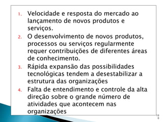 10
0
1. Velocidade e resposta do mercado ao
lançamento de novos produtos e
serviços.
2. O desenvolvimento de novos produtos,
processos ou serviços regularmente
requer contribuições de diferentes áreas
de conhecimento.
3. Rápida expansão das possibilidades
tecnológicas tendem a desestabilizar a
estrutura das organizações
4. Falta de entendimento e controle da alta
direção sobre o grande número de
atividades que acontecem nas
organizações
 