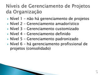 11
6
 Nível 1 – não há gerenciamento de projetos
 Nível 2 – Gerenciamento amadorístico
 Nível 3 – Gerenciamento customizado
 Nível 4 – Gerenciamento definido
 Nível 5 – Gerenciamento padronizado
 Nível 6 – há gerenciamento profissional de
projetos (consolidado)
 