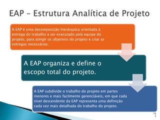 16
3
A EAP é uma decomposição hierárquica orientada à
entrega do trabalho a ser executado pela equipe do
projeto, para atingir os objetivos do projeto e criar as
entregas necessárias.
A EAP organiza e define o
escopo total do projeto.
A EAP subdivide o trabalho do projeto em partes
menores e mais facilmente gerenciáveis, em que cada
nível descendente da EAP representa uma definição
cada vez mais detalhada do trabalho do projeto.
 
