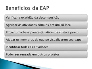 Verificar a exatidão da decomposição
Agrupar as atividades comuns em um só local
Prover uma base para estimativas de custo e prazo
Ajudar os membros da equipe visualizarem seu papel
Identificar todas as atividades
Poder ser reusada em outros projetos
 